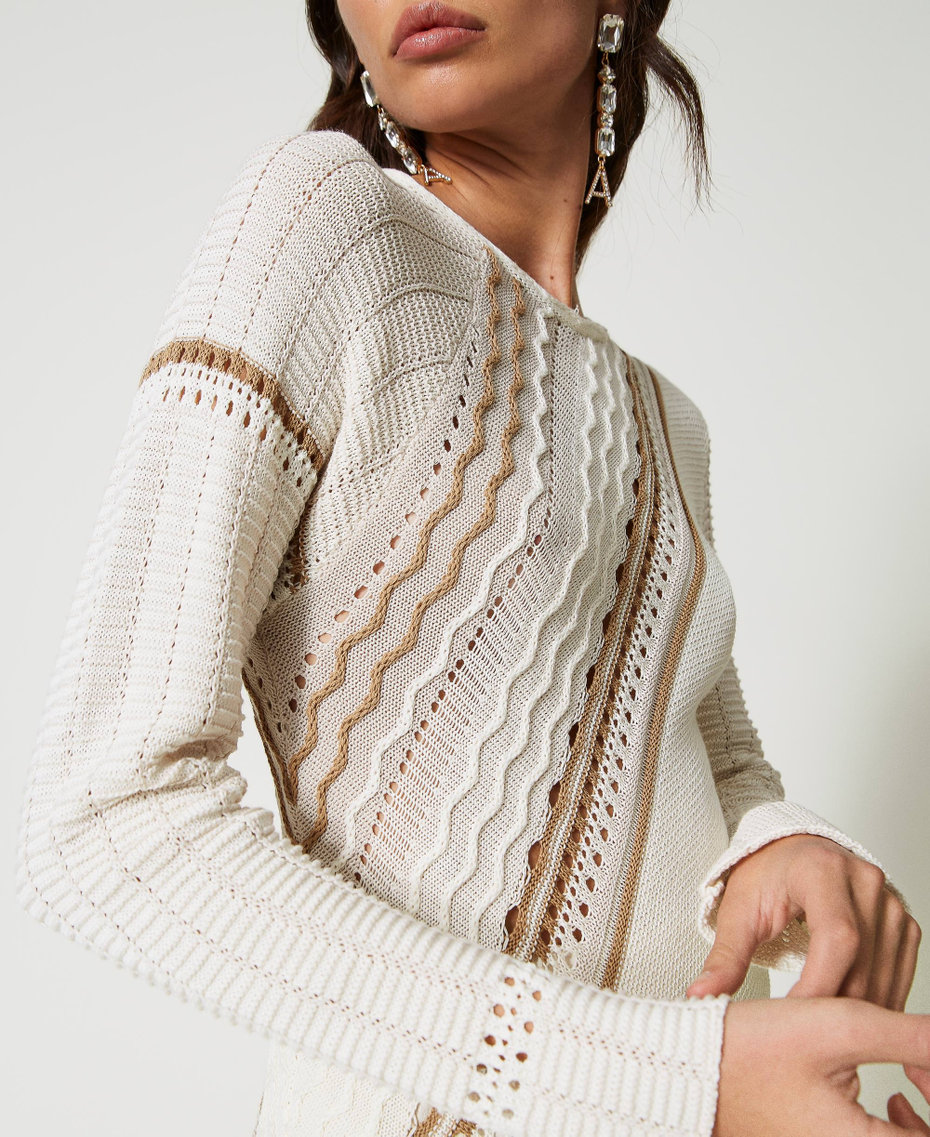 Asymmetric jumper with mixed stitch work Multicolour Mother of Pearl / “Pumice” White / “Kelp” Brown Woman 231AP3262_10534_06
