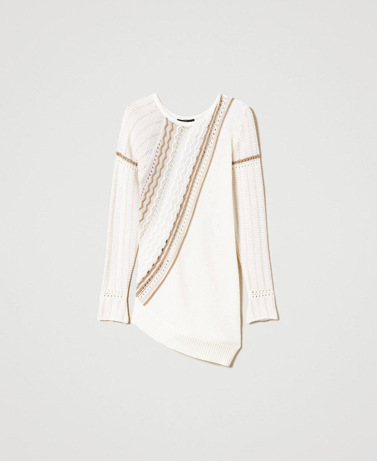 Asymmetric jumper with mixed stitch work Multicolour Mother of Pearl / “Pumice” White / “Kelp” Brown Woman 231AP3262_10534_0S
