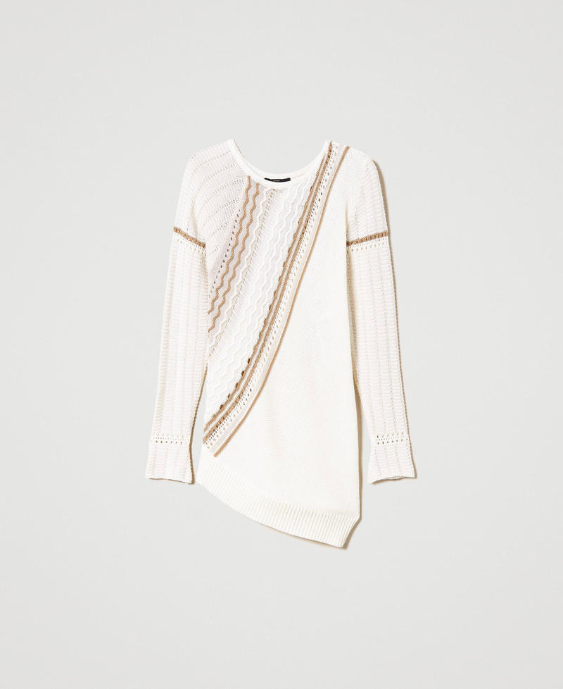 Asymmetric jumper with mixed stitch work Multicolour Mother of Pearl / “Pumice” White / “Kelp” Brown Woman 231AP3262_10534_0S