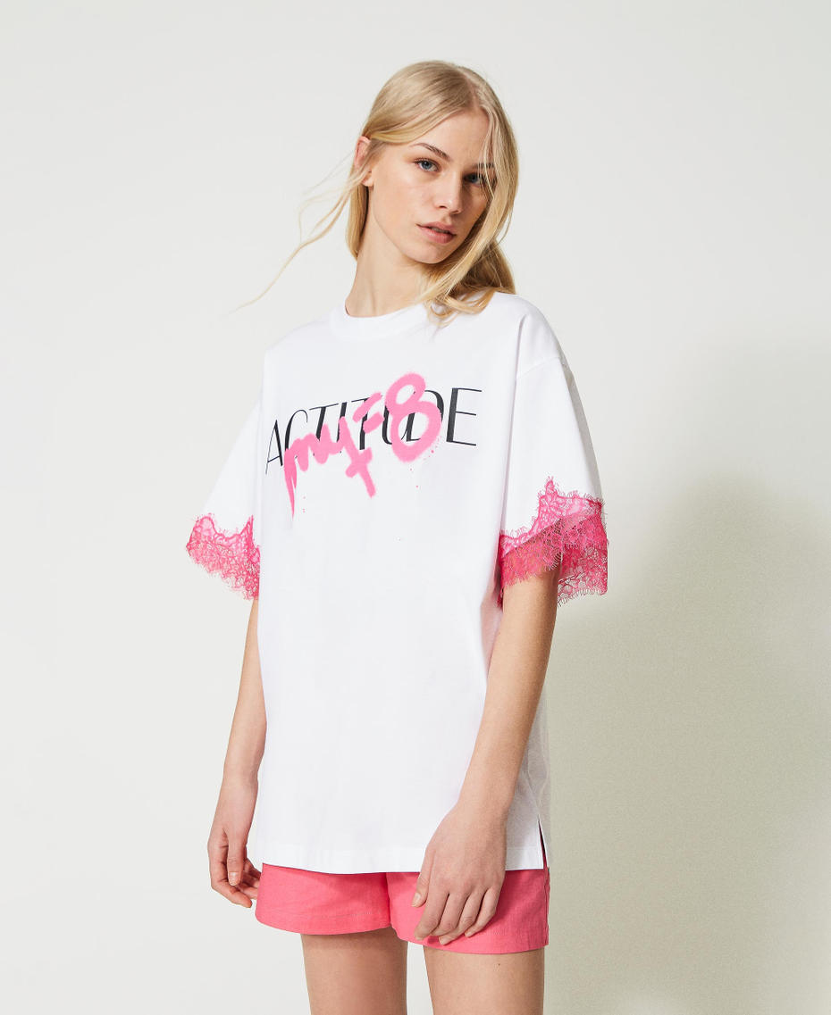 MYFO t-shirt with lace and logo print "Papers" White Woman 231AQ2014-01