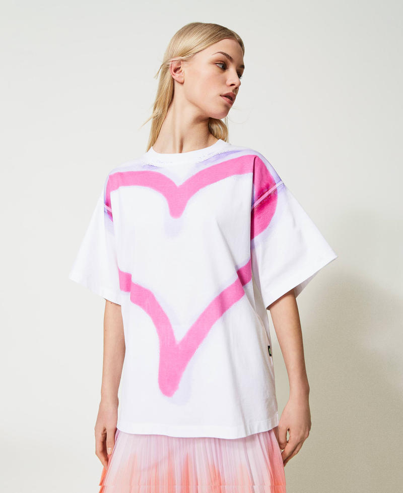 T-shirt MYFO avec grand cœur Bicolore Blanc « Papers »/Rose Fluo Femme 231AQ2030-01