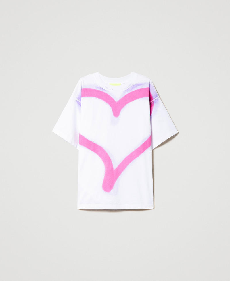 MYFO T-Shirt mit Maxiherz Zweifarbig „Papers"-Weiß/ Neonrosa Frau 231AQ2030-0S