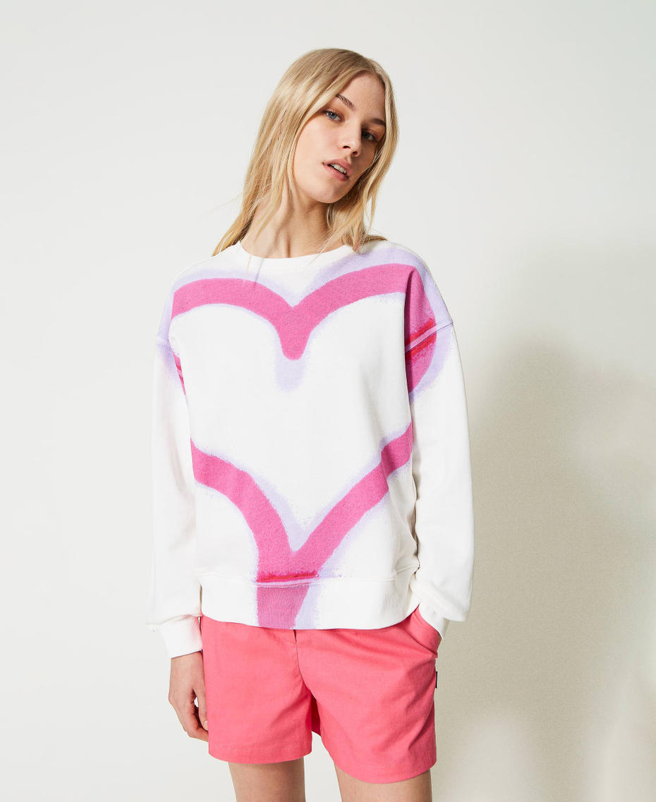 MYFO sweatshirt with maxi heart print Two-tone “Papers” White / Neon Pink Woman 231AQ2031-01