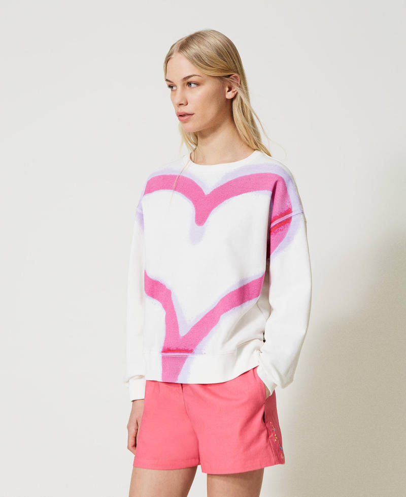 MYFO sweatshirt with maxi heart print Two-tone “Papers” White / Neon Pink Woman 231AQ2031-02