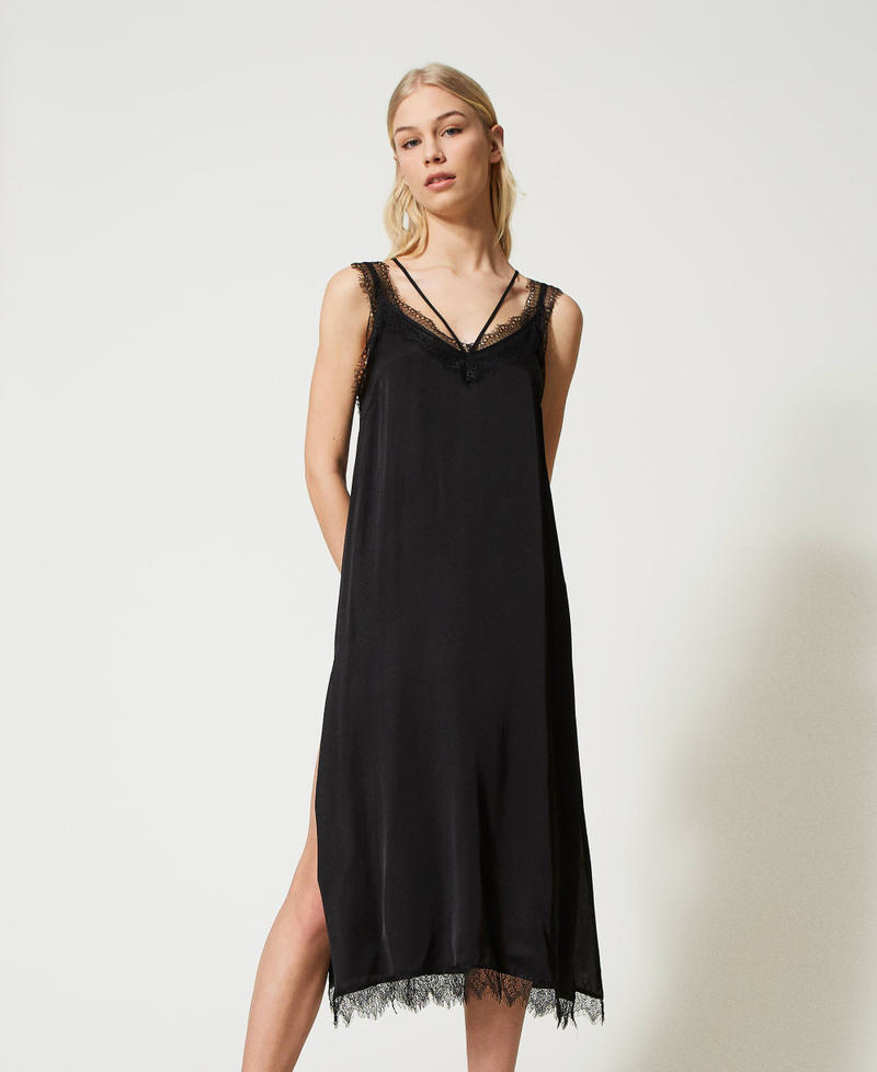 Атласное платье-комбинация MYFO с кружевом Черный женщина 231AQ2100-05