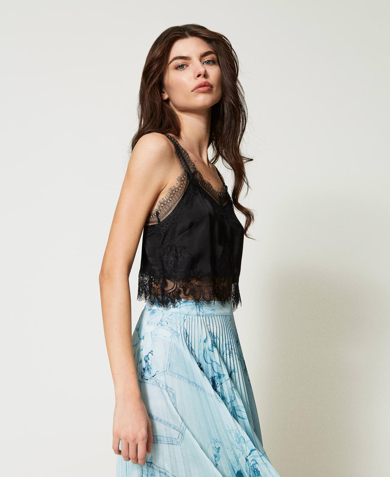 Top cropped MYFO in satin con pizzo Nero Donna 231AQ2103-03