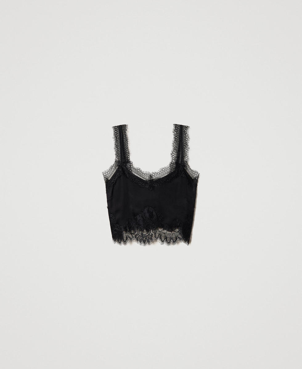 MYFO satin cropped top with lace Woman, Black