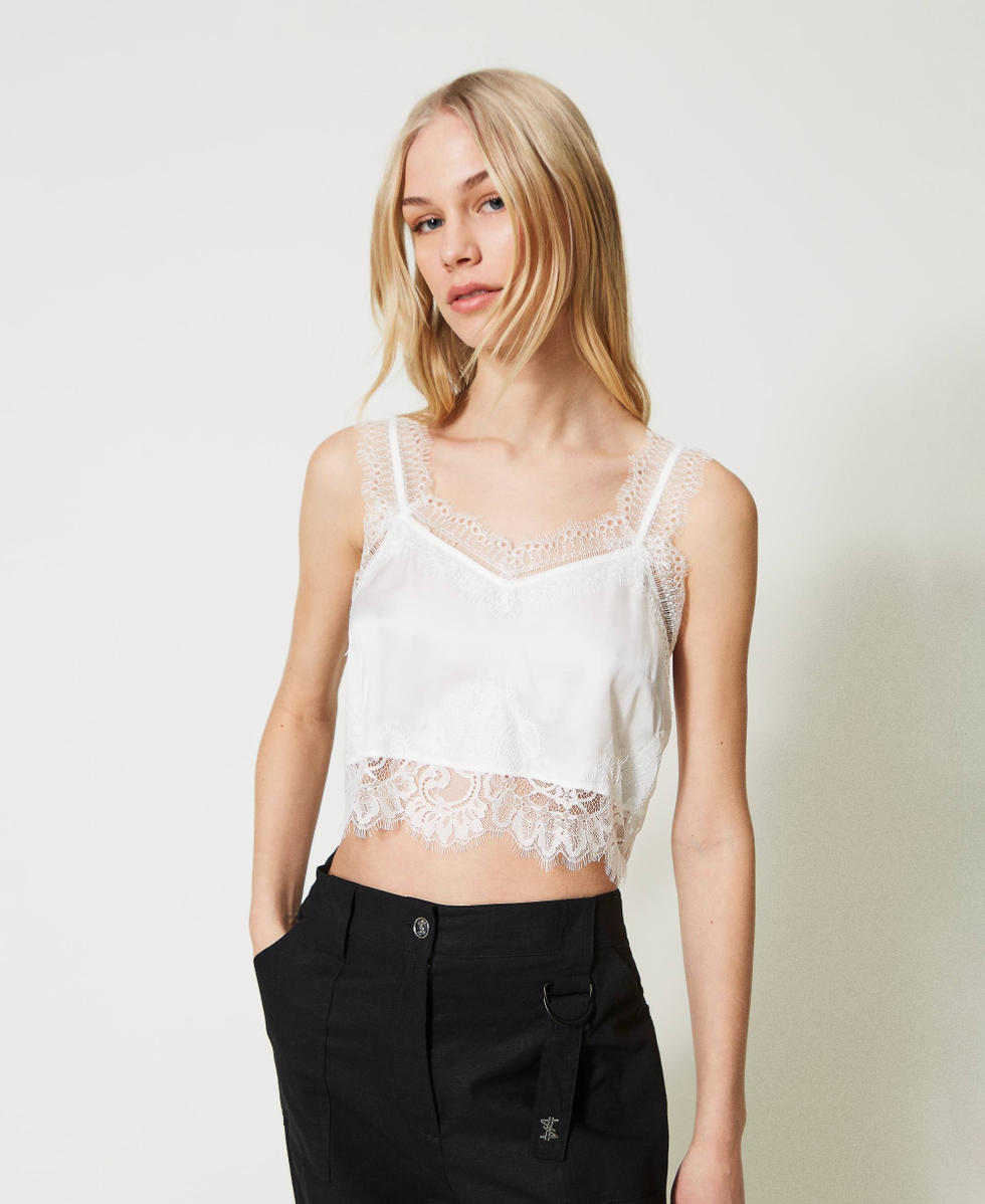 Bershka lace detail satin crop top in black