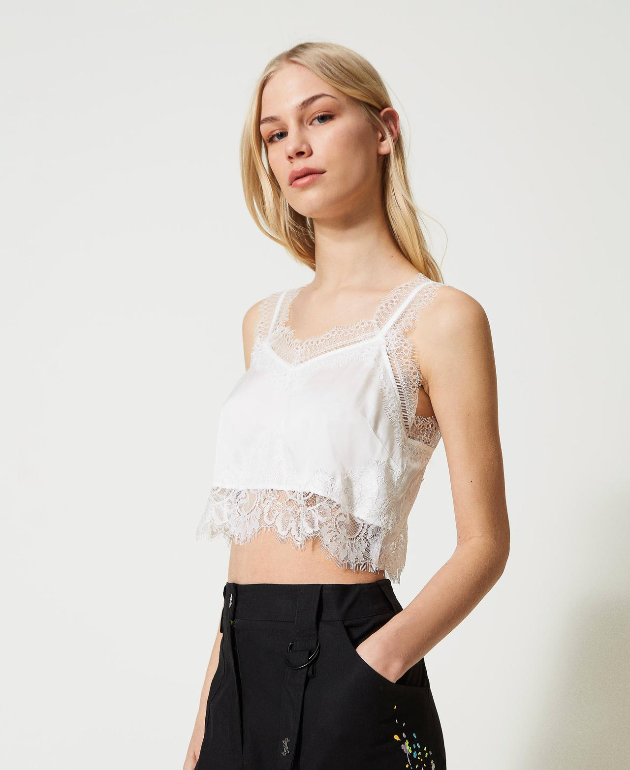 MYFO satin cropped top with lace Black Woman 231AQ2103-02