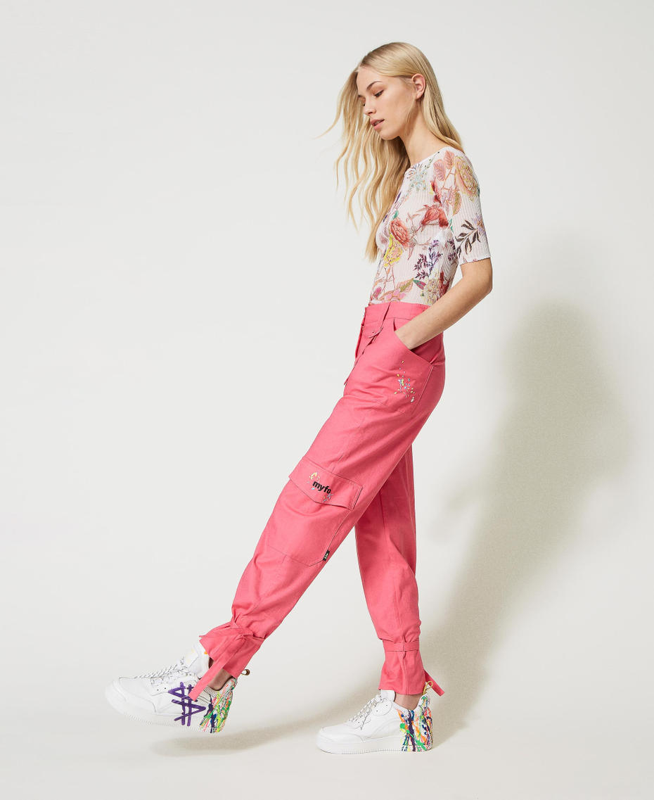 Linen MYFO cargo trousers with embroideries Geranium Woman 231AQ2123-01
