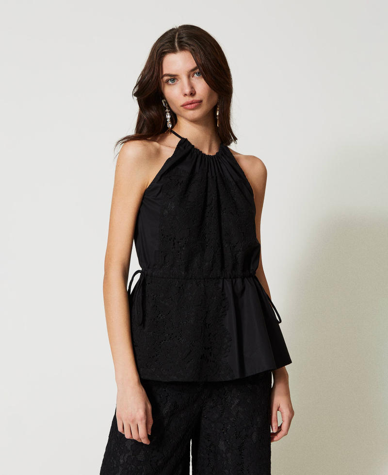 Top in popeline con pizzo macramè Nero Donna 231AT2022_00006_02