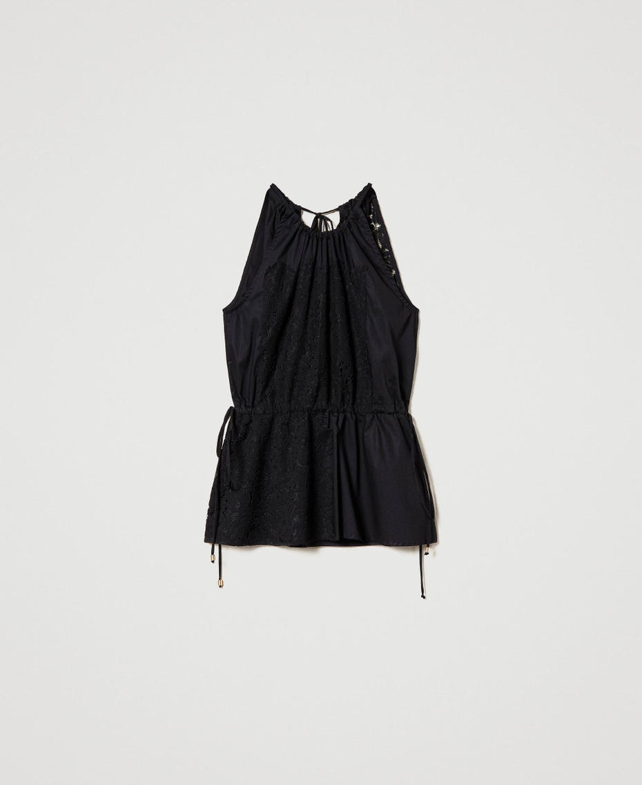 Poplin top with macramé lace Black Woman 231AT2022_00006_S0