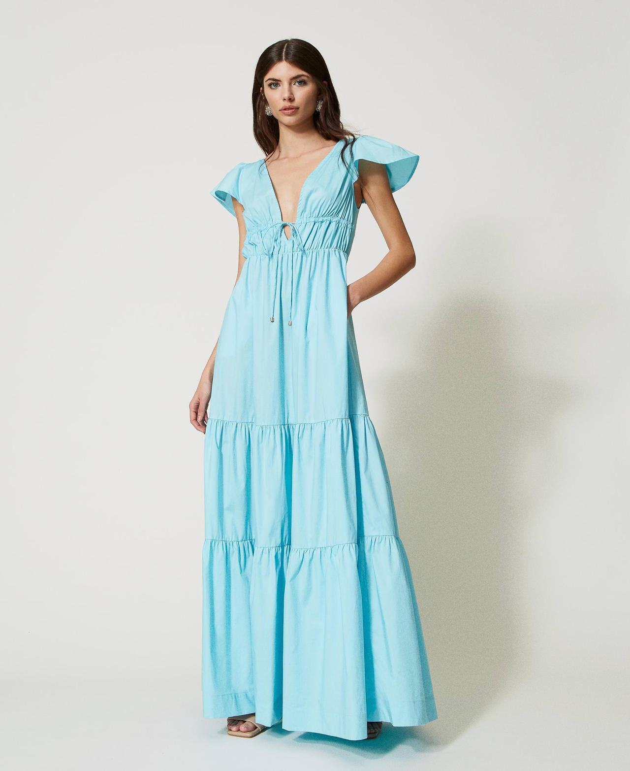 Abito lungo in popeline a balze Azzurro "Barbados Beach" Donna 231AT2023_10336_02