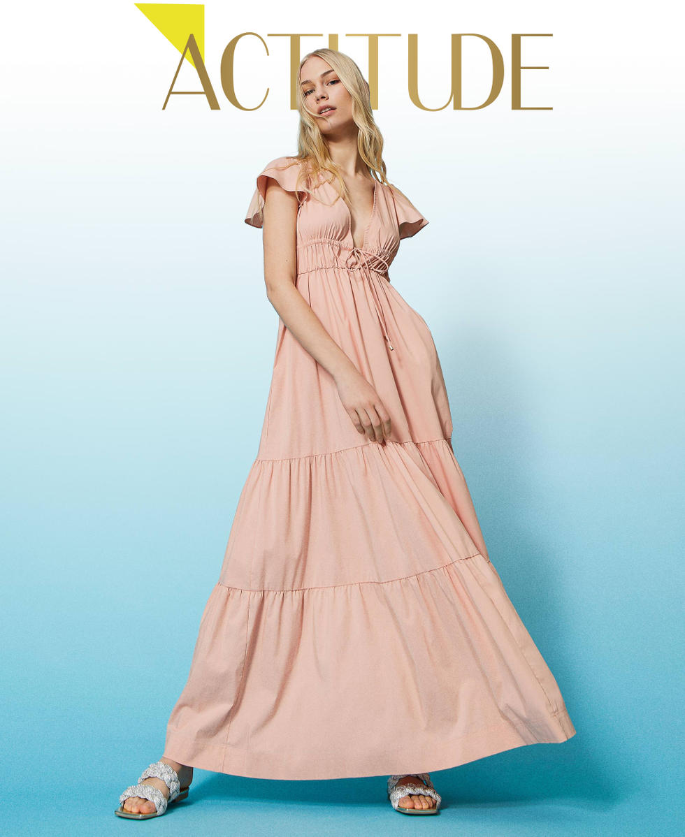 Poplin long poplin dress with flounces