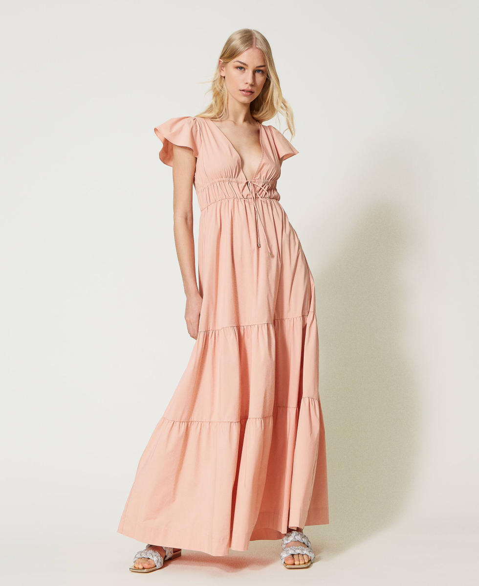 Poplin long poplin dress with flounces