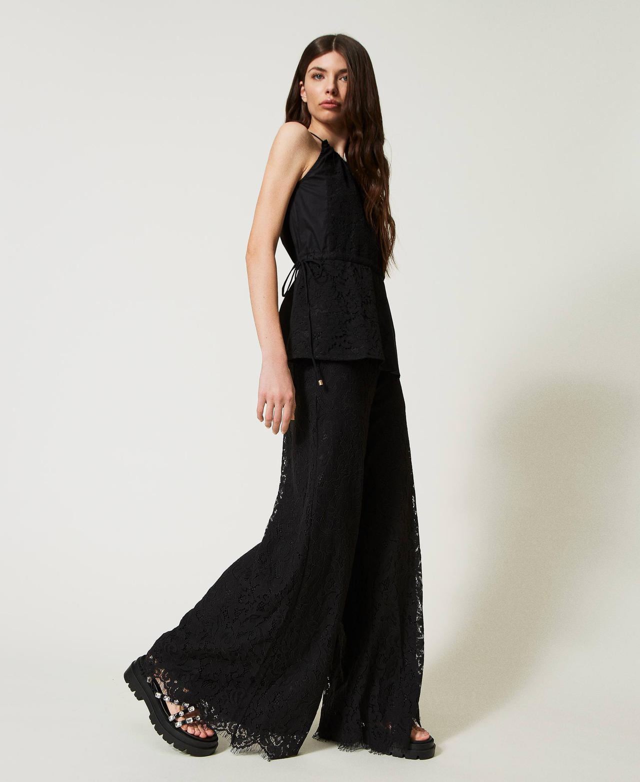 Macramé lace palazzo trousers