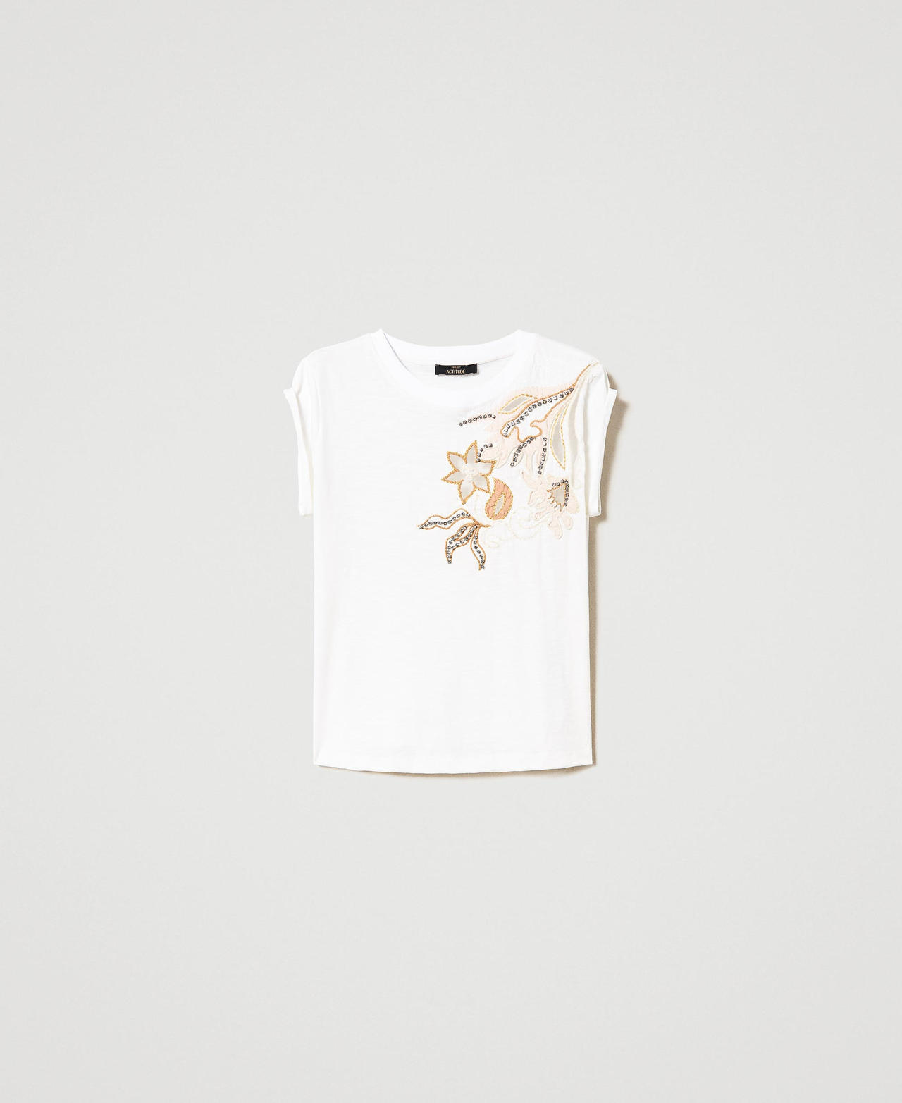 T-Shirt mit handgefertigter Blumenstickerei Bright White Frau 231AT2043-0S