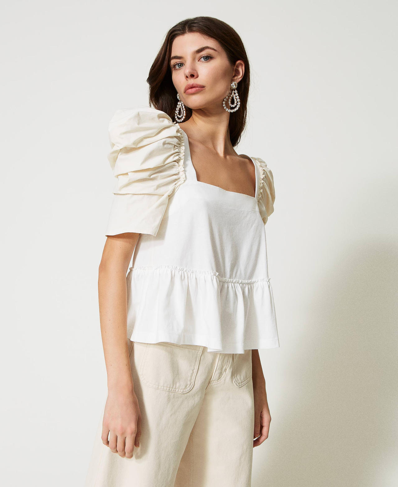 Organic poplin blouse Two-tone Bright White / Chantilly Woman 231AT2044-02