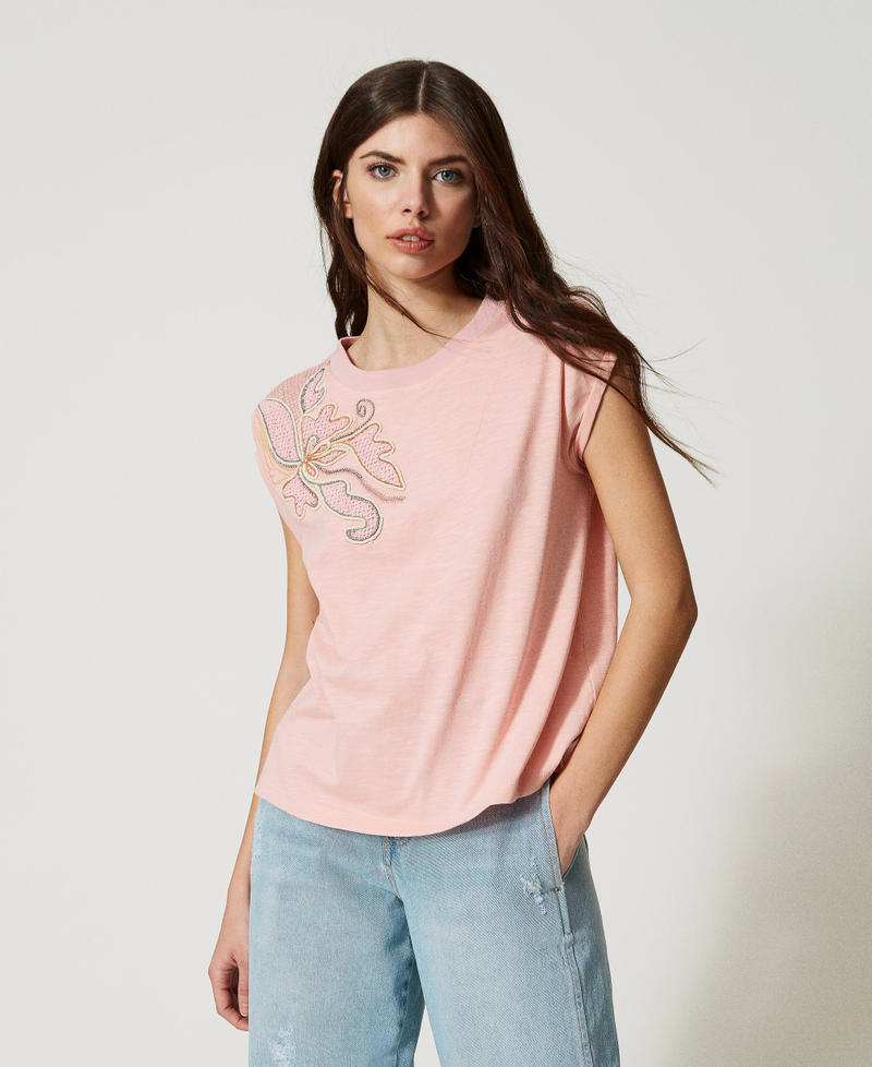 Camiseta con bordado hecho a mano Rosa nube Mujer 231AT2046-02