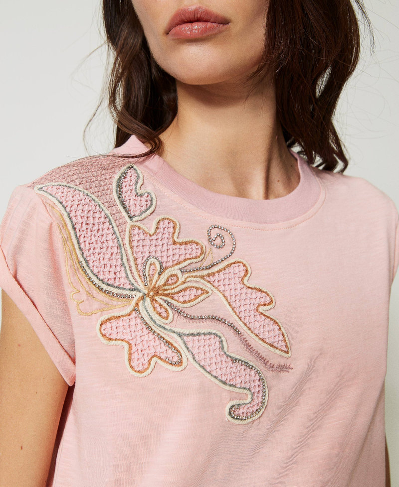 Camiseta con bordado hecho a mano Rosa nube Mujer 231AT2046-05