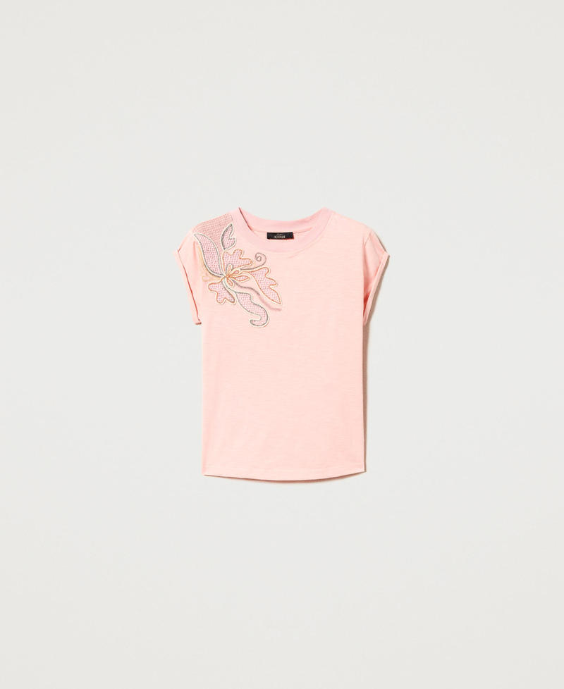 Camiseta con bordado hecho a mano Rosa nube Mujer 231AT2046-0S