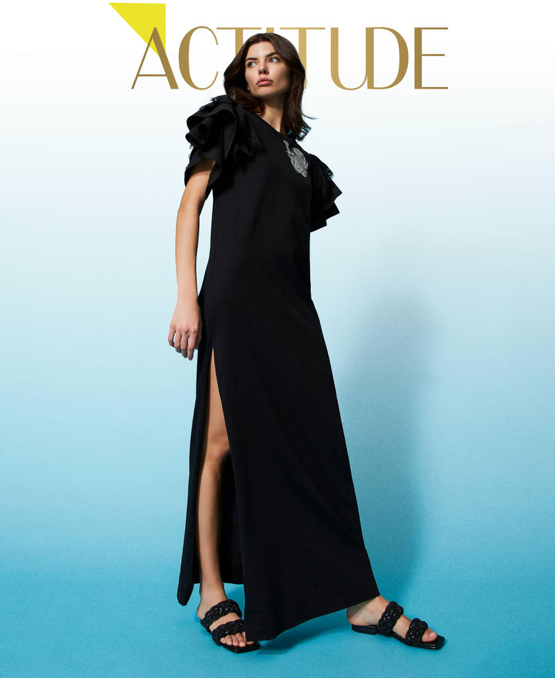 Abito lungo con maniche in popeline e pizzo