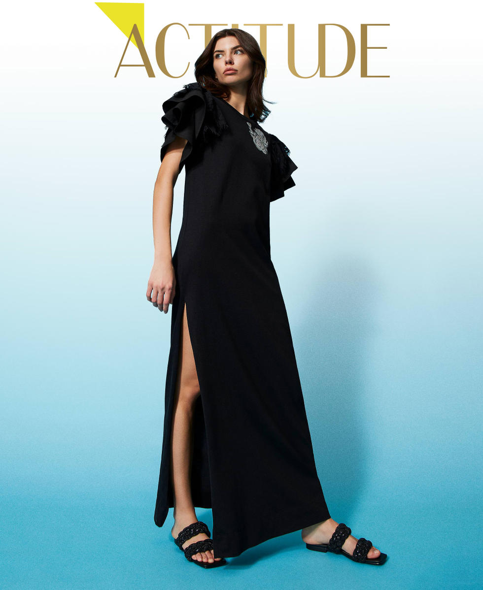 Abito lungo con maniche in popeline e pizzo Donna Nero TWINSET Milano