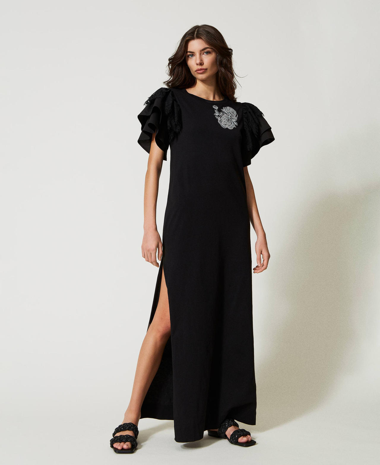 Длинное платье с рукавами из поплина и кружева Черный женщина 231AT2110-02