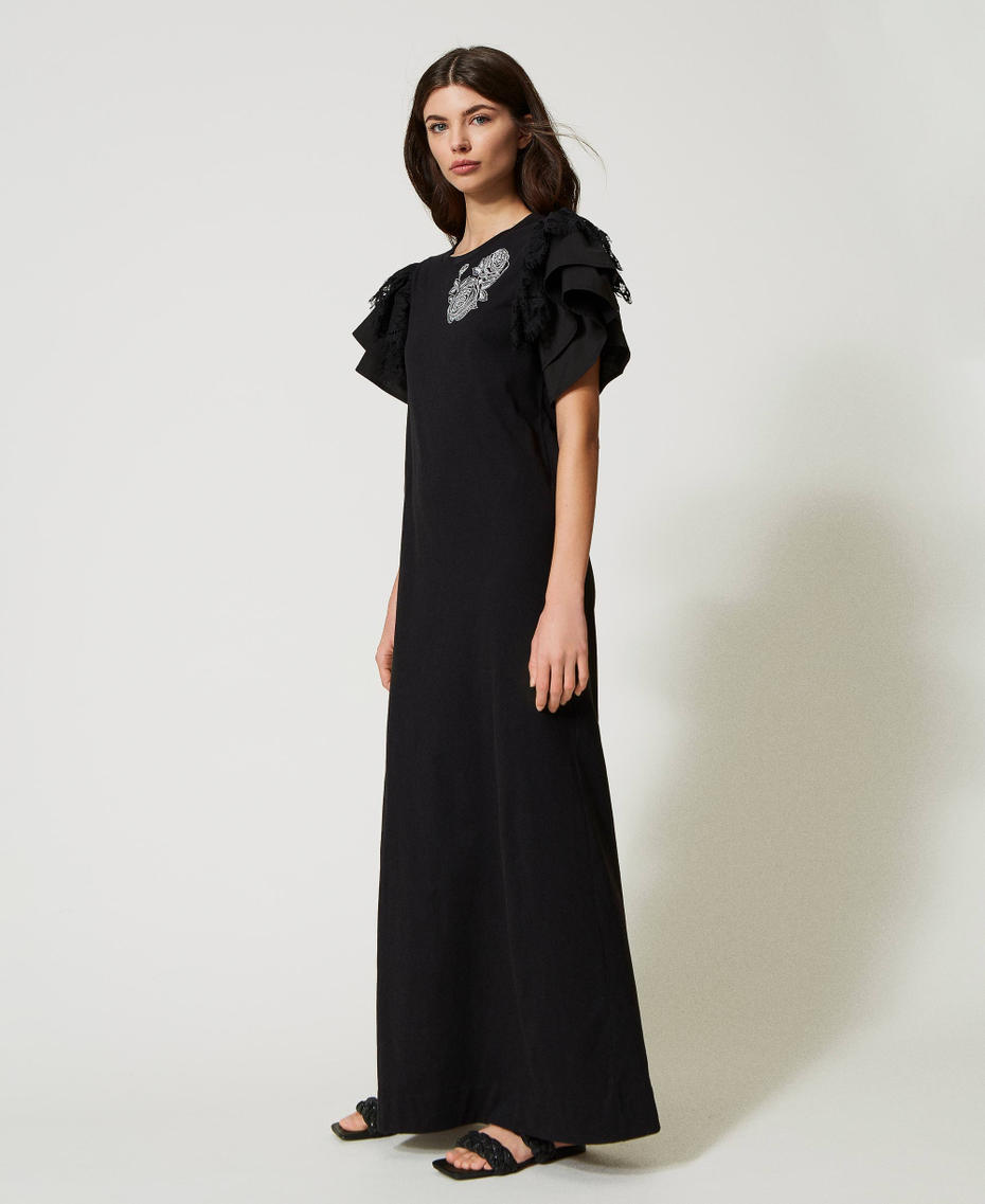 Длинное платье с рукавами из поплина и кружева Черный женщина 231AT2110-03