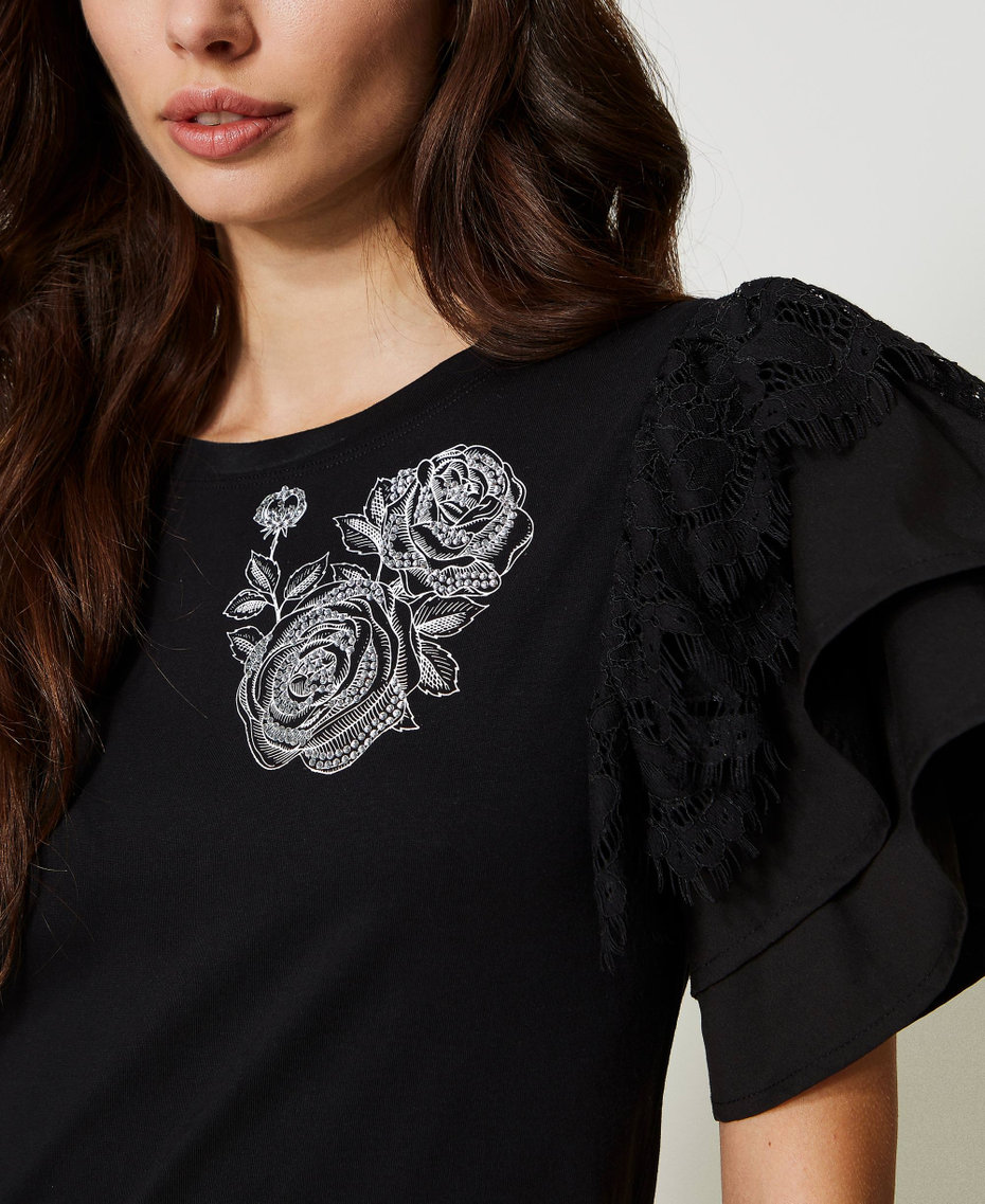 Abito lungo con maniche in popeline e pizzo