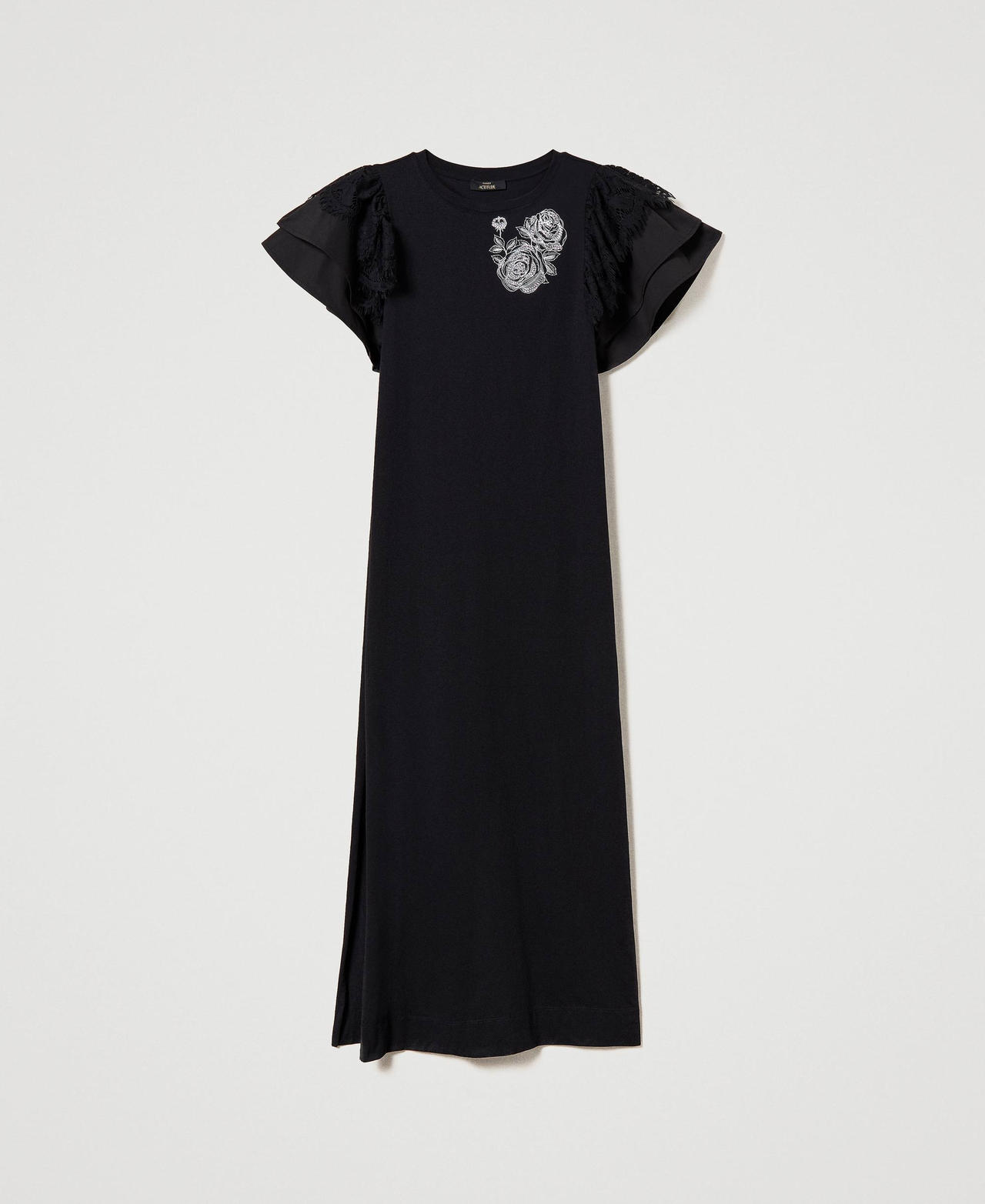 Длинное платье с рукавами из поплина и кружева Черный женщина 231AT2110-0S