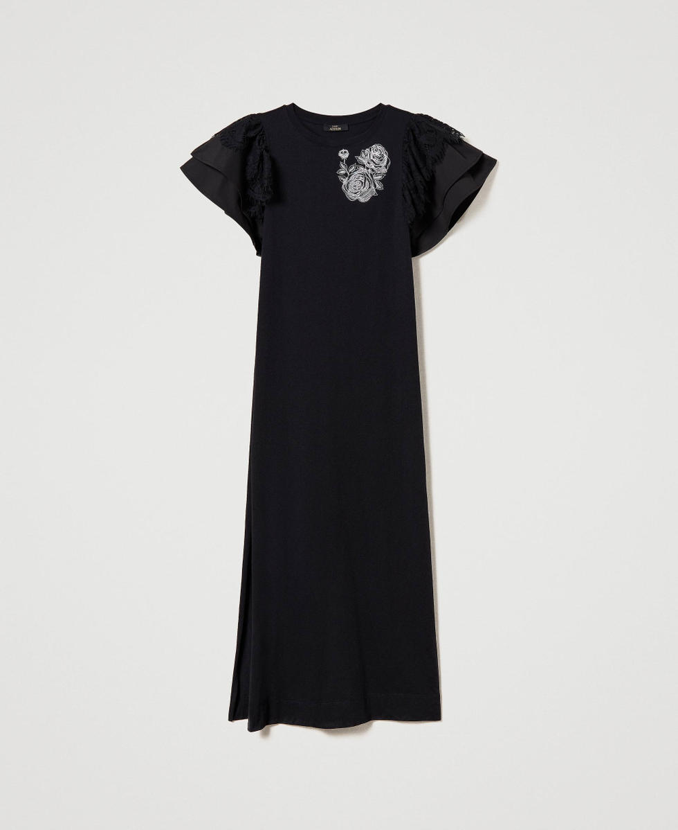 Long dress with poplin and lace sleeves