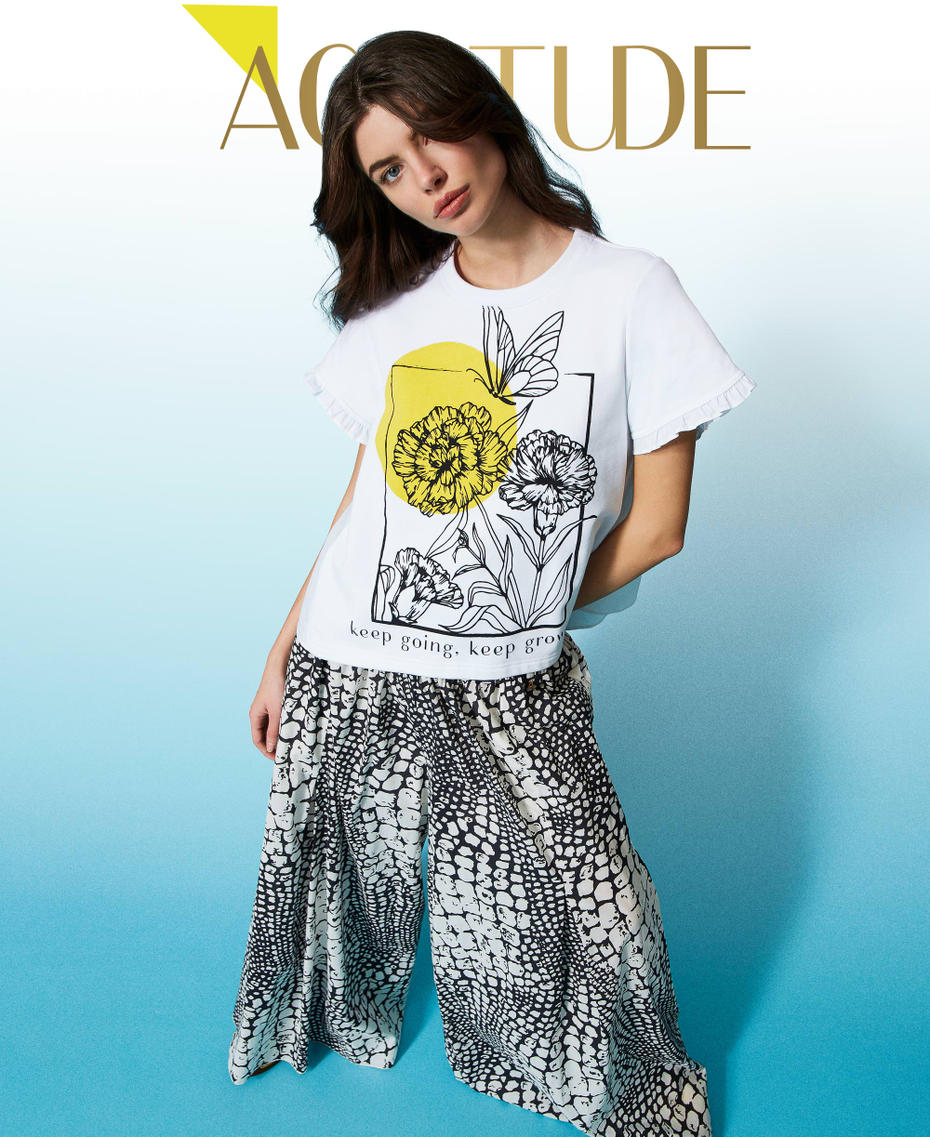 T-shirt with poplin inserts and print Bright White Woman 231AT2112_10574_01