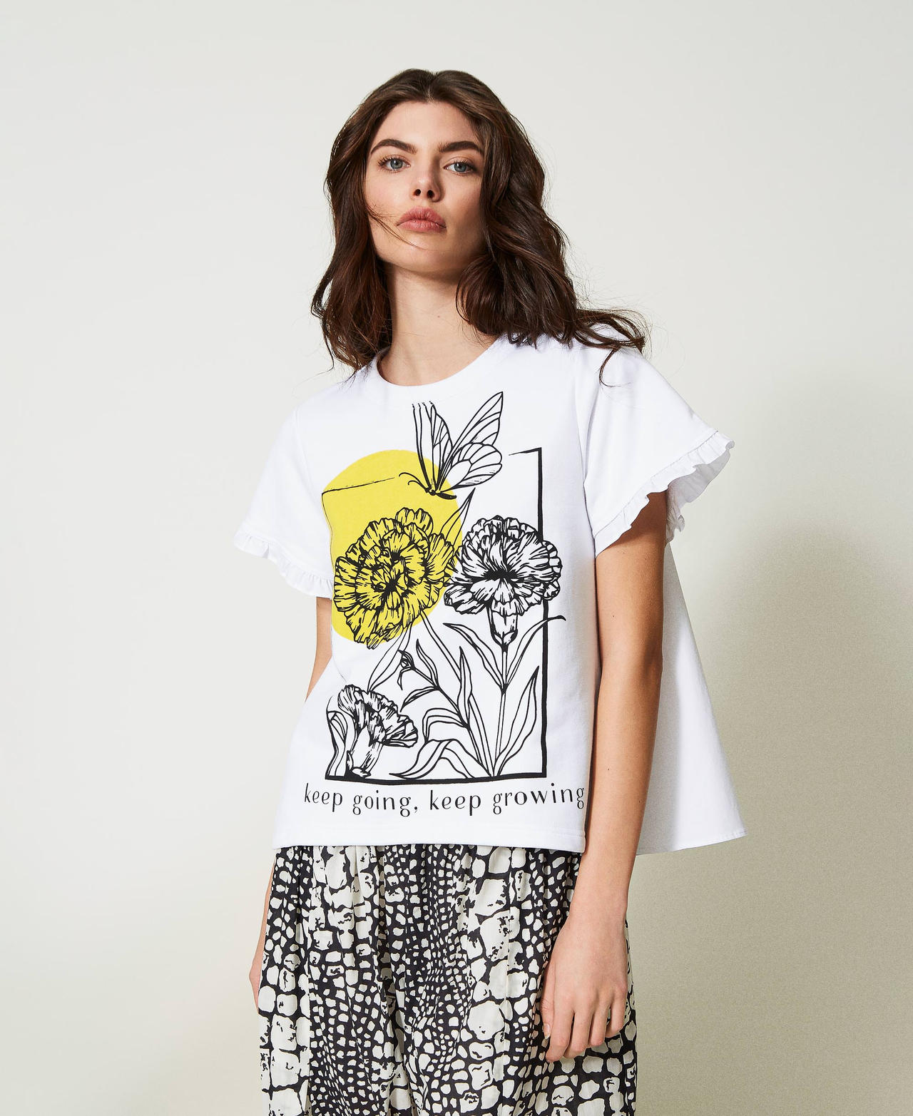 T-shirt with poplin inserts and print Bright White Woman 231AT2112_10574_02