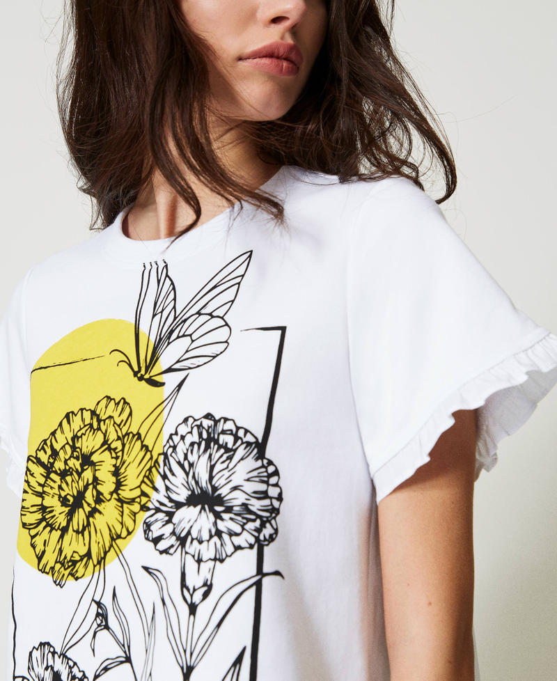 T-Shirt mit Popeline-Einsätzen und Print Bright White Frau 231AT2112-05