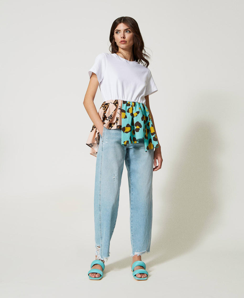 T-shirt with printed poplin flounces