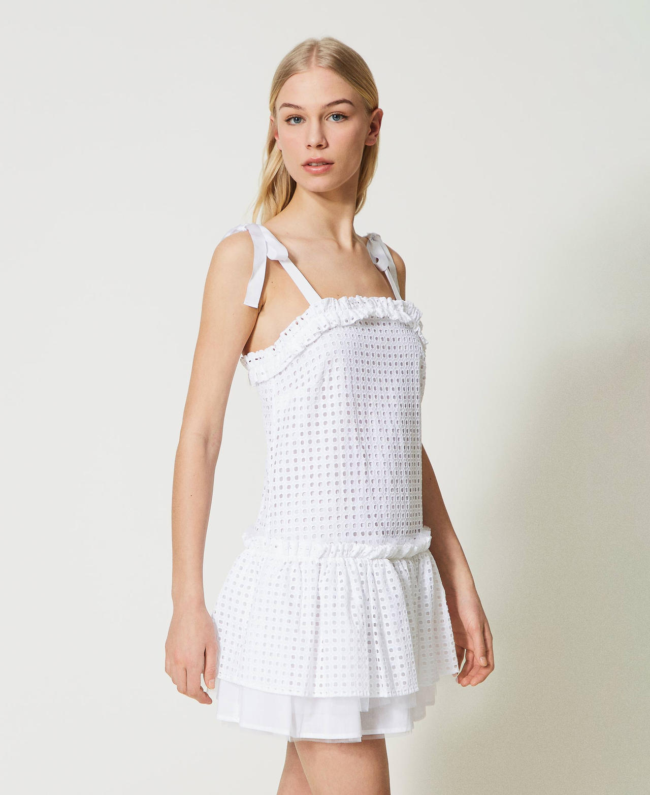 Short broderie anglaise dress with ribbon shoulder straps Bright White Woman 231AT2150-02