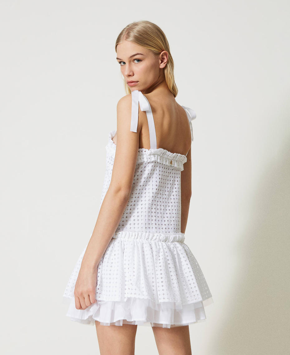 Short broderie anglaise dress with ribbon shoulder straps Bright White Woman 231AT2150-03