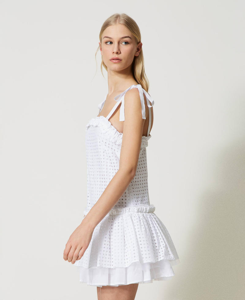 Short broderie anglaise dress with ribbon shoulder straps Bright White Woman 231AT2150-04