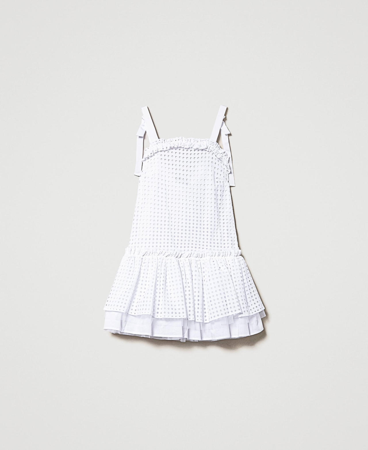 Short broderie anglaise dress with ribbon shoulder straps Bright White Woman 231AT2150-0S