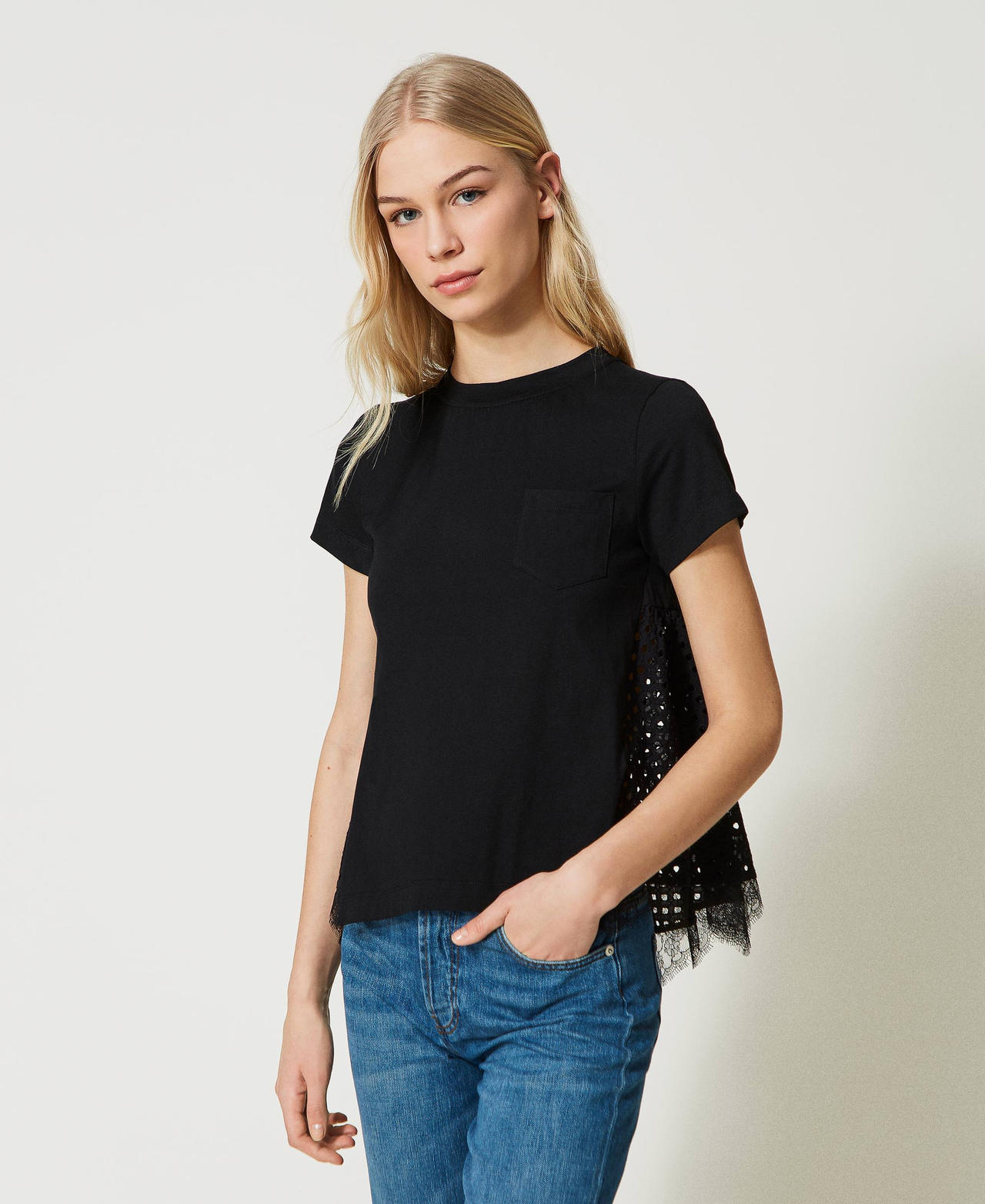 Poplin and broderie anglaise blouse Black Woman 231AT2152-02
