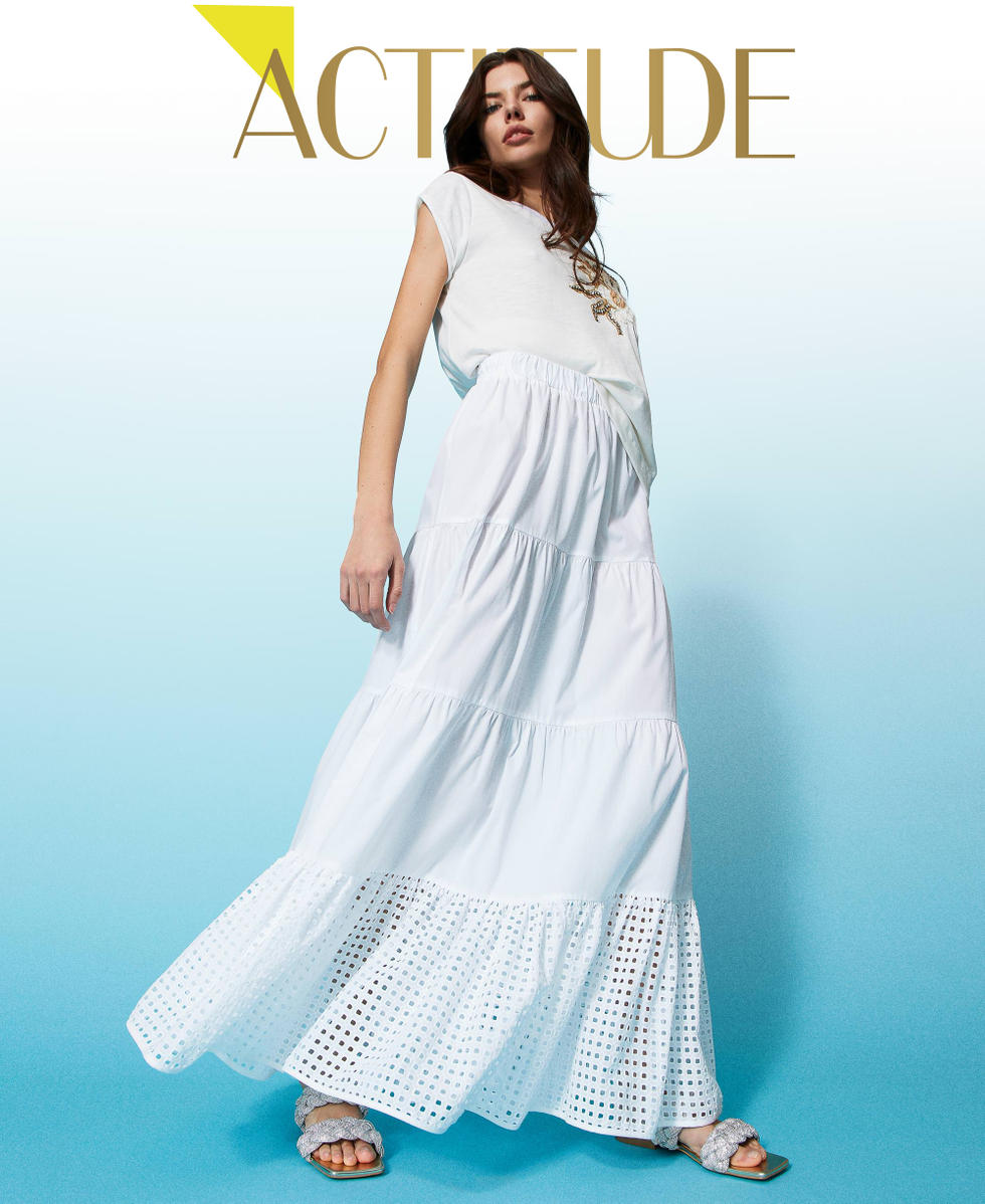 Poplin long skirt with broderie anglaise