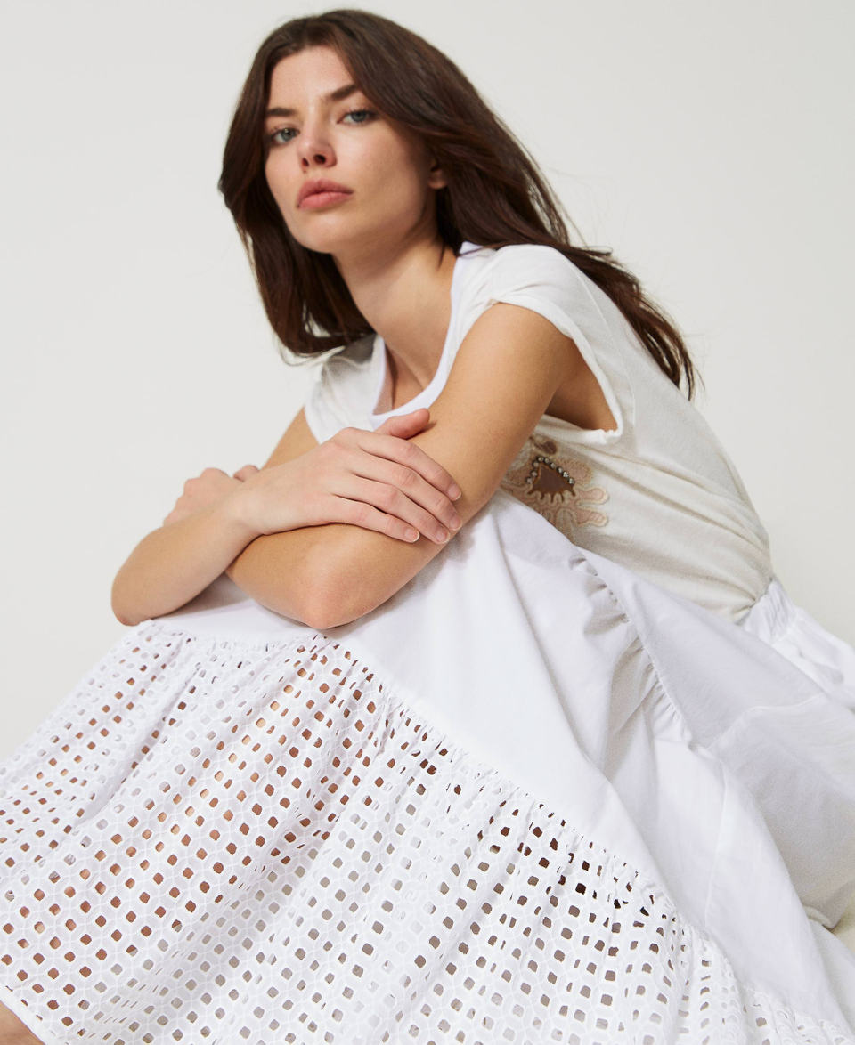 Jupe longue en popeline et broderie anglaise Femme Blanc TWINSET Milano