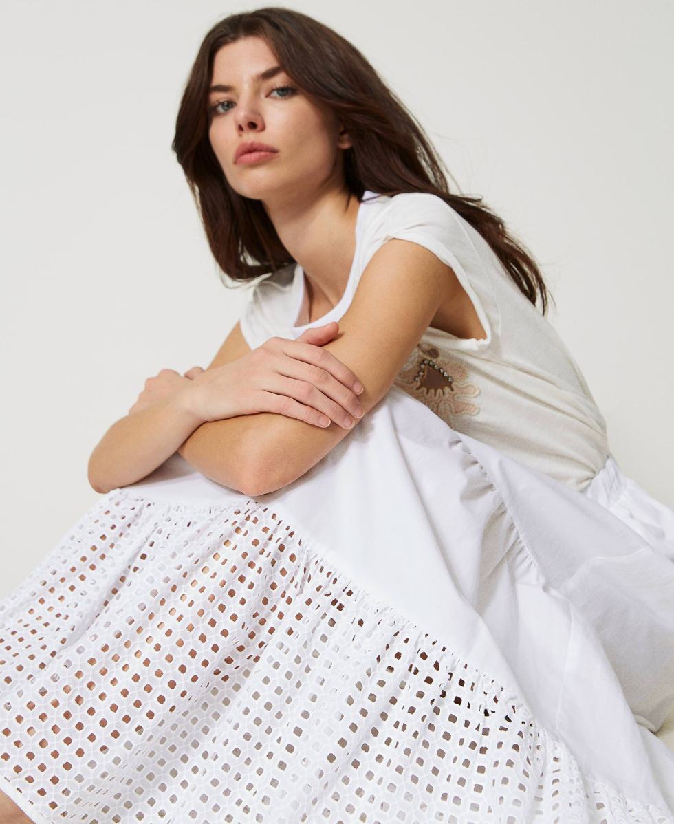 Poplin long skirt with broderie anglaise