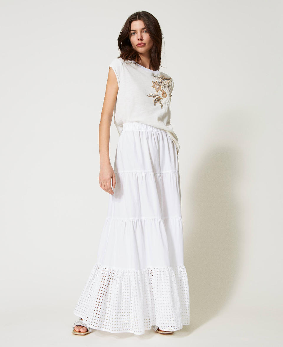 Jupe longue en popeline et broderie anglaise Femme Blanc TWINSET Milano
