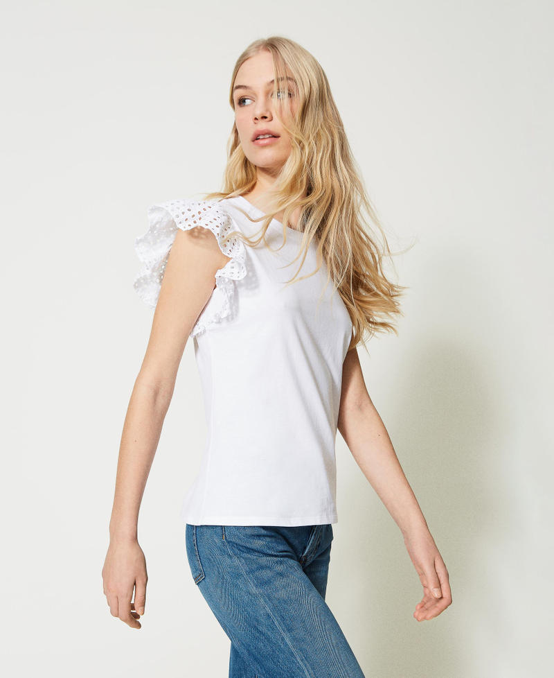 Top with broderie anglaise sleeves Bright White Woman 231AT2156-02
