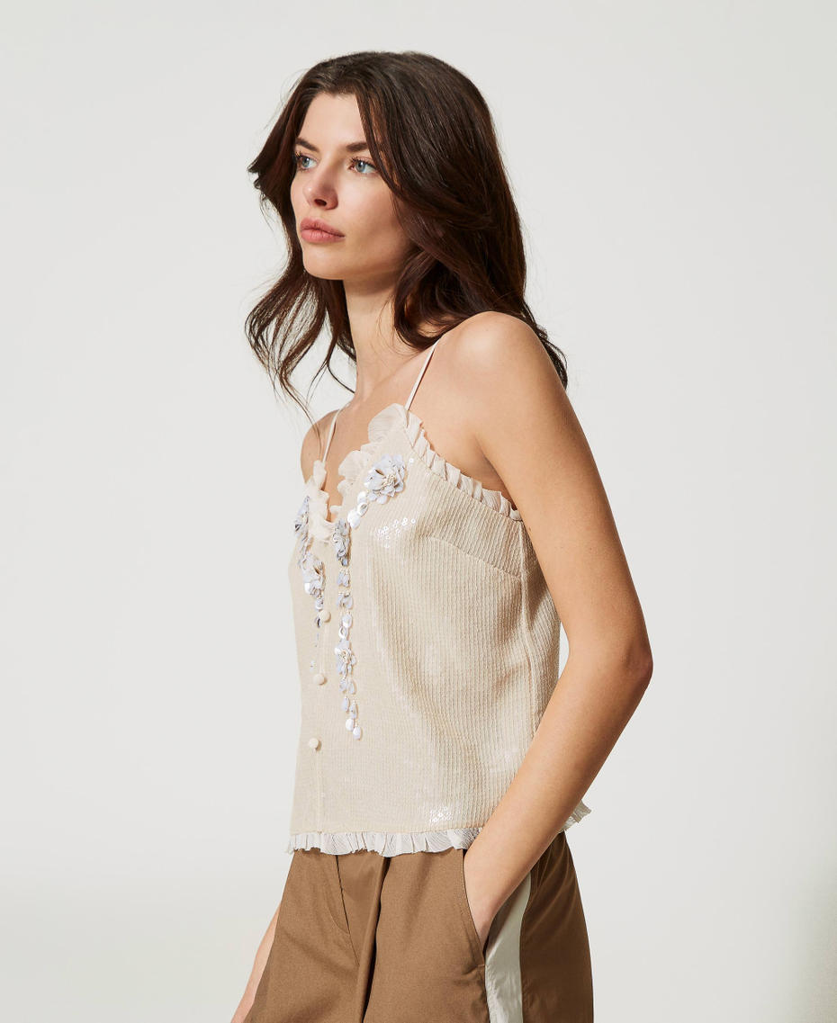 Full sequin top with handmade embroidery Pale Cream Woman 231AT2160-03