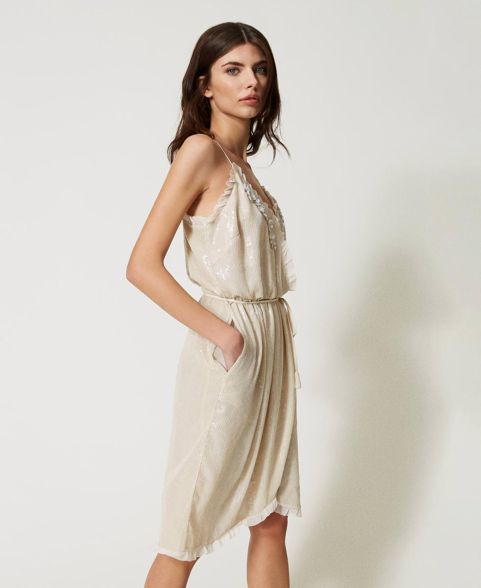Full sequin dress with handmade embroidery Woman, Beige