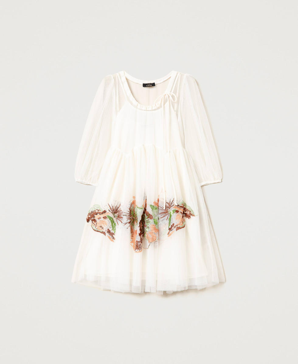 Short tulle dress with embroidery Woman, Beige | TWINSET Milano