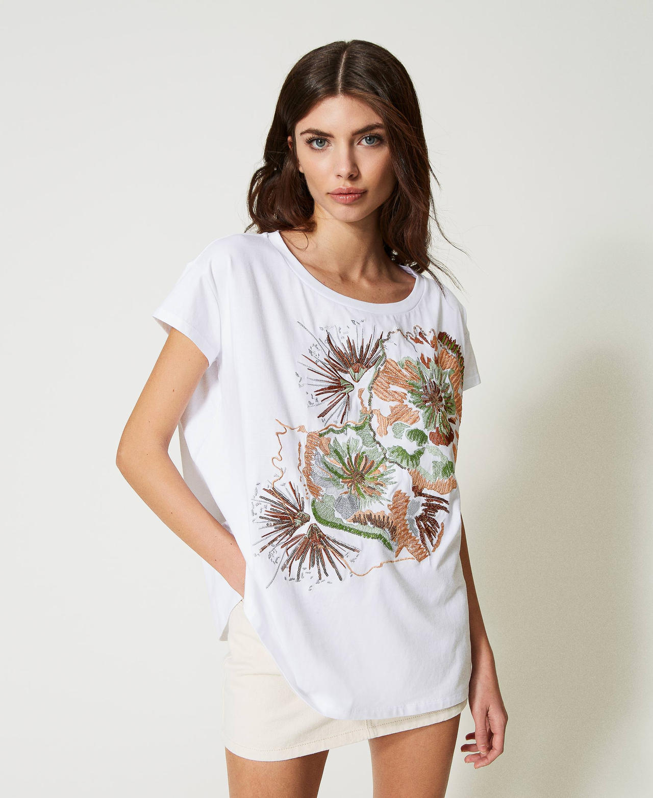 T-shirt oversize avec broderie Blanc Brillant Femme 231AT2190-02
